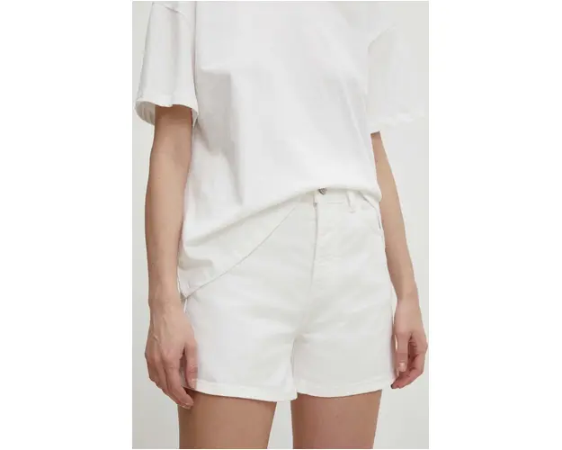 Answear Lab pantaloni scurti jeans femei, culoarea alb, neted, high waist