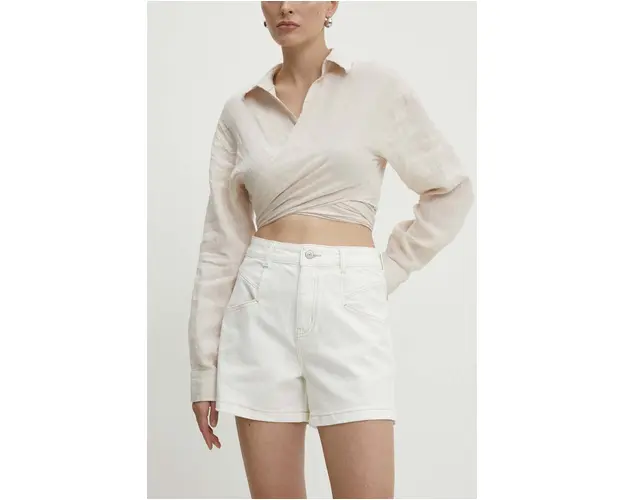 Answear Lab pantaloni scurti jeans femei, culoarea alb, neted, high waist