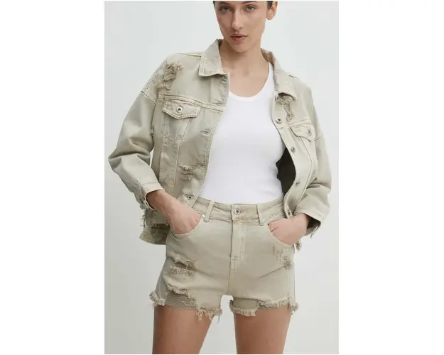 Answear Lab pantaloni scurti jeans femei, culoarea bej, neted, high waist
