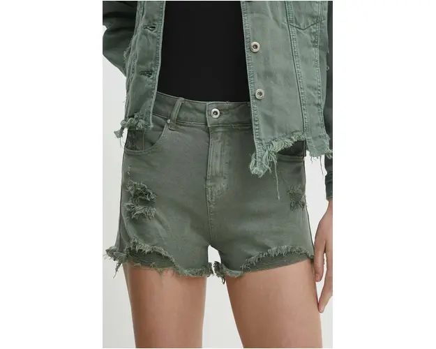 Answear Lab pantaloni scurti jeans femei, culoarea verde, neted, high waist