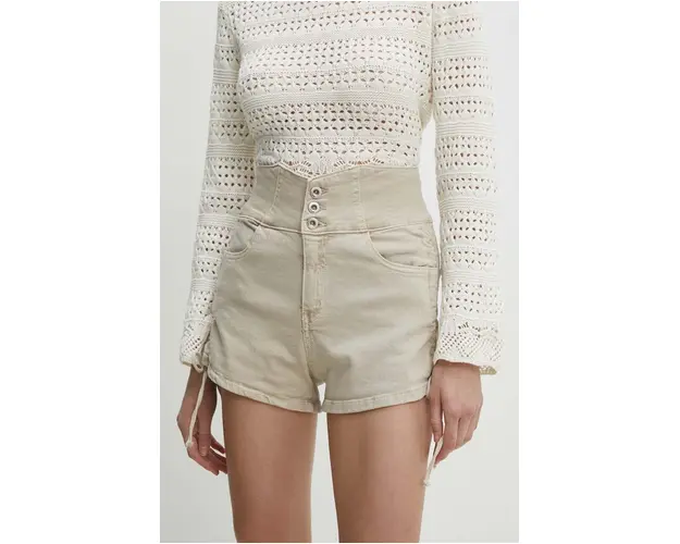 Answear Lab pantaloni scurti jeans femei, culoarea bej, neted, high waist