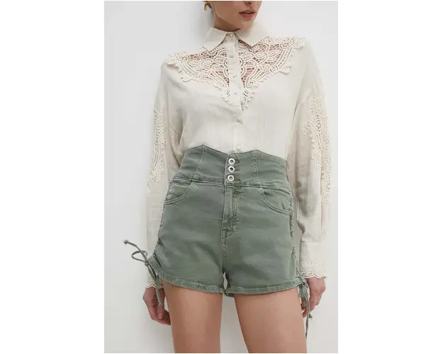 Answear Lab pantaloni scurti jeans femei, culoarea verde, neted, high waist