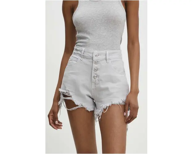 Answear Lab pantaloni scurti jeans femei, culoarea gri, neted, high waist