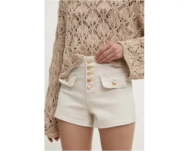 Answear Lab pantaloni scurti jeans femei, culoarea bej, neted, high waist