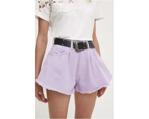 Answear Lab pantaloni scurti jeans femei, culoarea violet, neted, high waist
