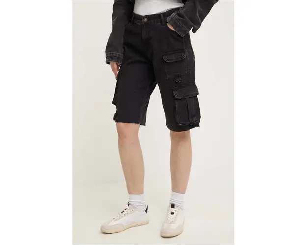 Answear Lab pantaloni scurti jeans femei, culoarea negru, neted, high waist