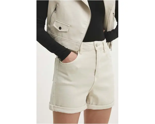 Answear Lab pantaloni scurti jeans femei, culoarea bej, neted, high waist