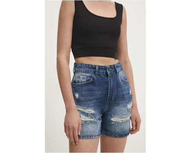 Answear Lab pantaloni scurti jeans femei, culoarea albastru marin, neted, high waist