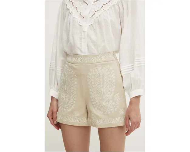 Answear Lab pantaloni scurti femei, culoarea bej, cu imprimeu, high waist