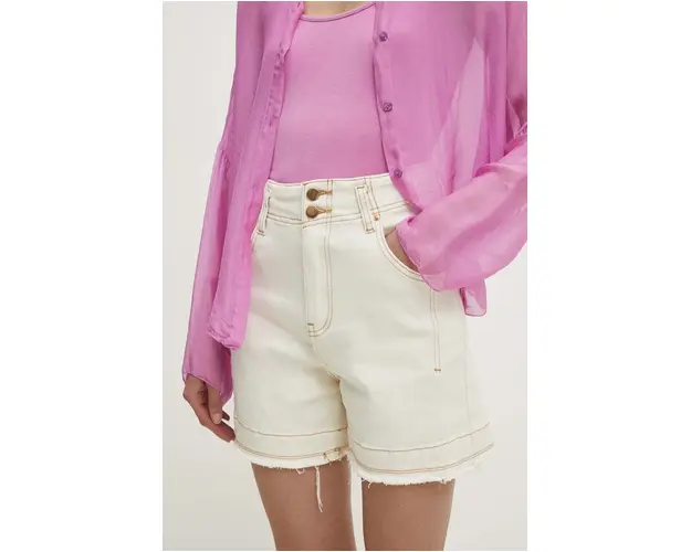 Answear Lab pantaloni scurti jeans femei, culoarea bej, neted, high waist