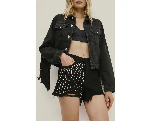 Answear Lab pantaloni scurti jeans femei, culoarea negru, cu imprimeu, high waist