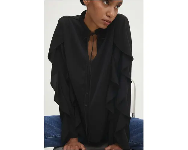 Answear Lab camasa femei, culoarea negru, cu un decolteu legat, regular