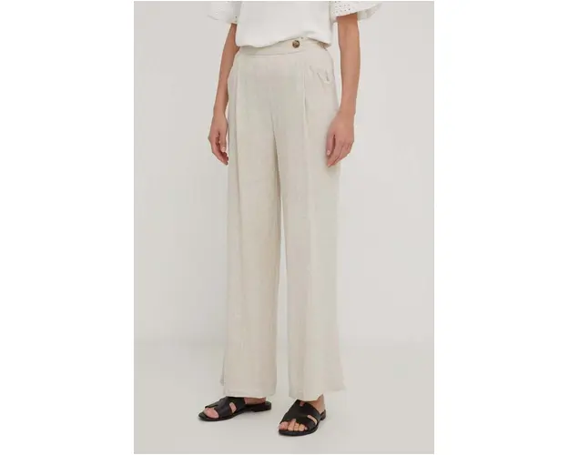 Answear Lab pantaloni din in culoarea bej, drept, high waist
