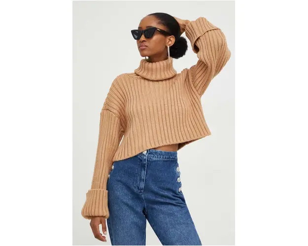 Answear Lab pulover femei, culoarea maro, calduros, cu guler