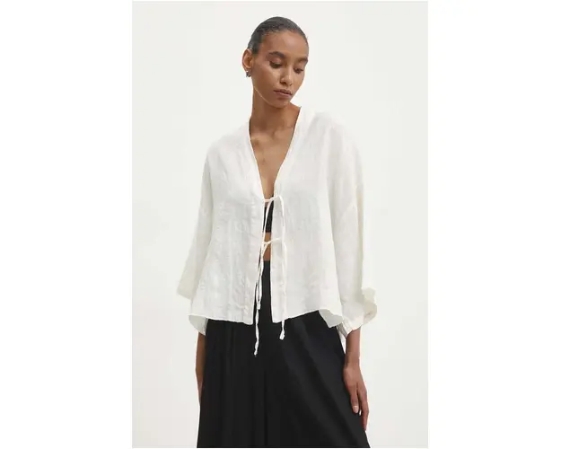 Answear Lab bluza din in culoarea bej, neted