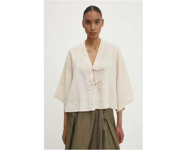 Answear Lab bluza din in culoarea bej, neted