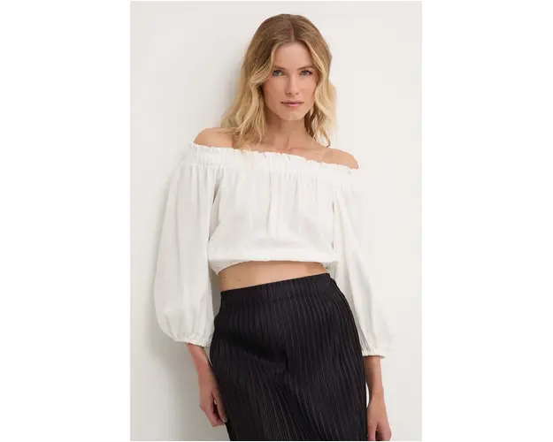 Answear Lab bluza din in culoarea alb, neted