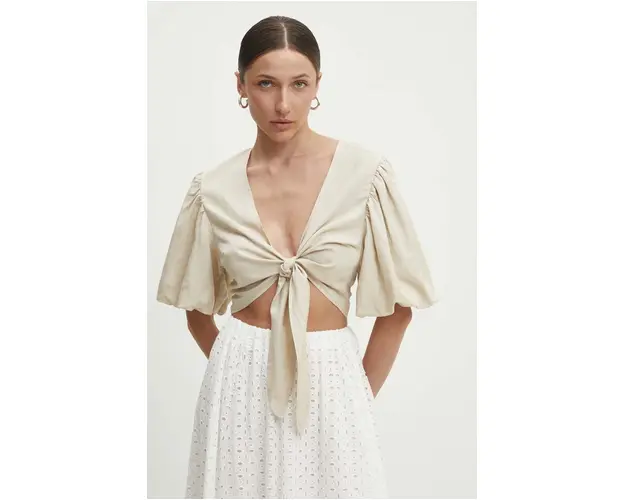 Answear Lab bluza din in culoarea bej, neted