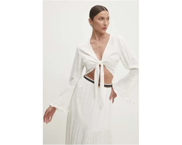 Answear Lab bluza din in culoarea alb, neted