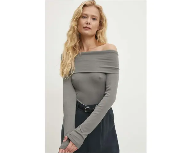 Answear Lab longsleeve culoarea gri, decolteu spaniol