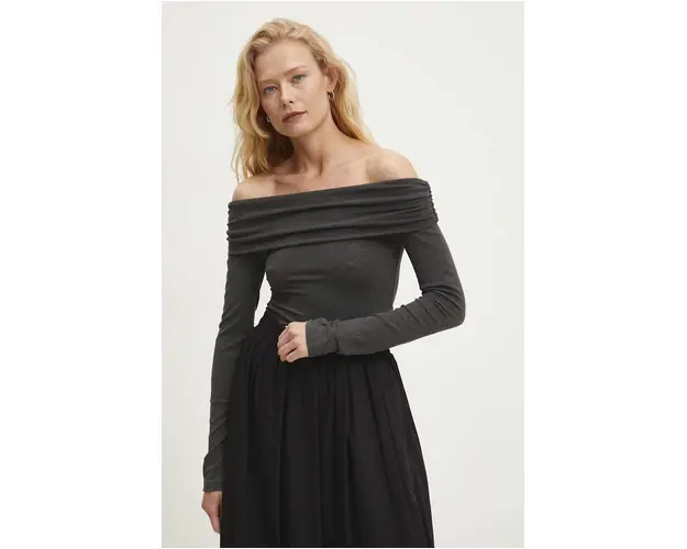 Answear Lab longsleeve culoarea gri, decolteu spaniol