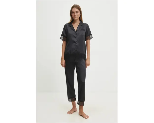 Answear Lab pijama femei, culoarea negru, satin