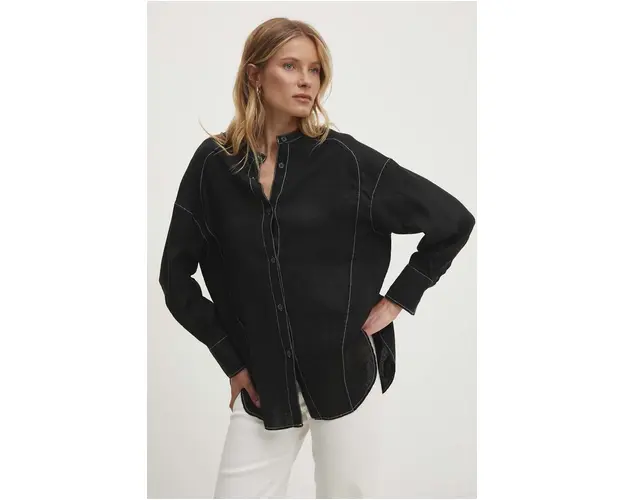 Answear Lab camasa de in culoarea negru, cu guler stand-up, relaxed