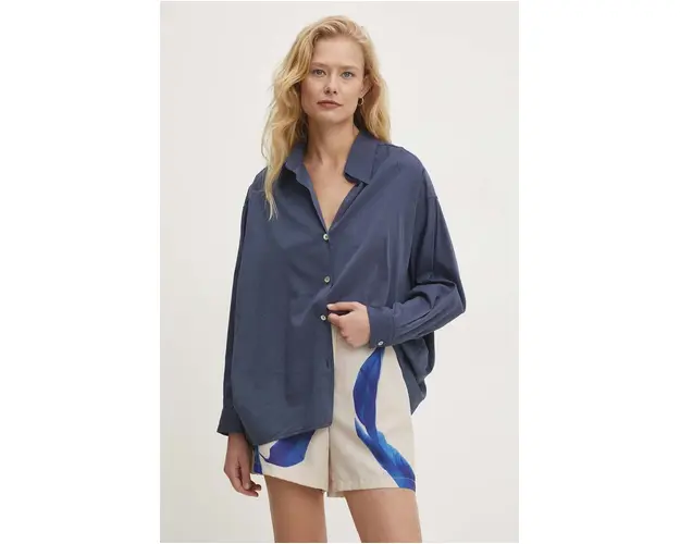Answear Lab camasa femei, culoarea albastru marin, cu guler clasic, relaxed