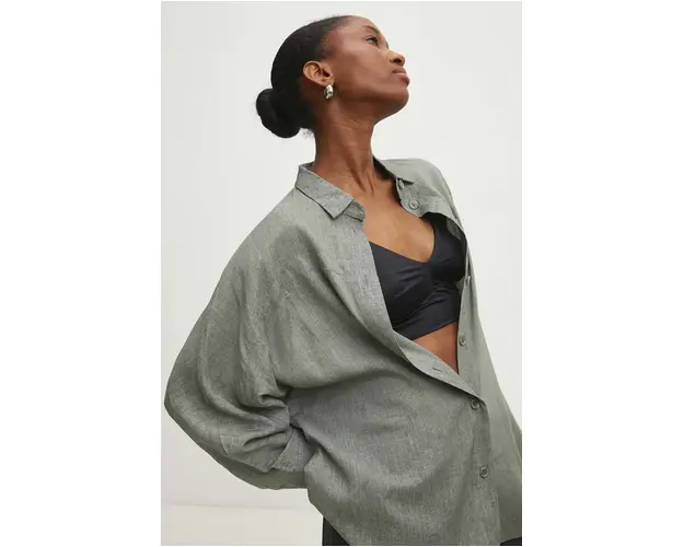 Answear Lab camasa din amestec de in culoarea verde, cu guler clasic, relaxed