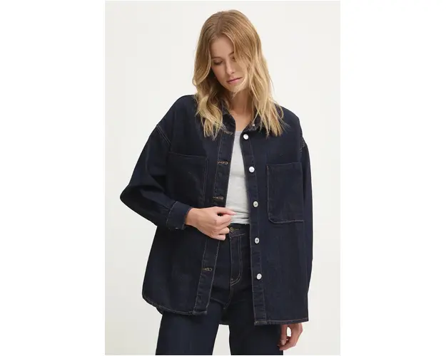 Answear Lab camasa jeans femei, culoarea albastru marin, cu guler clasic, relaxed