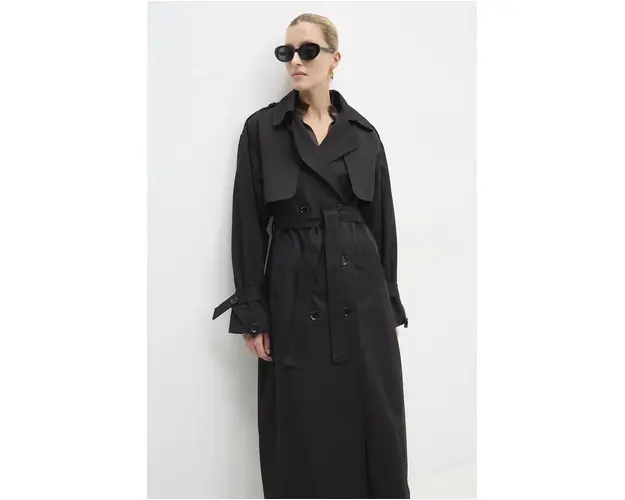 Answear Lab trenci femei, culoarea negru, de tranzitie, cu doua randuri de nasturi