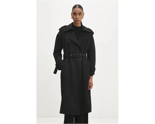 Answear Lab palton femei, culoarea negru, de tranzitie, oversize