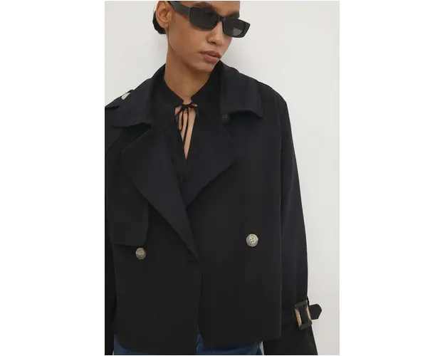 Answear Lab palton femei, culoarea negru, de tranzitie, oversize