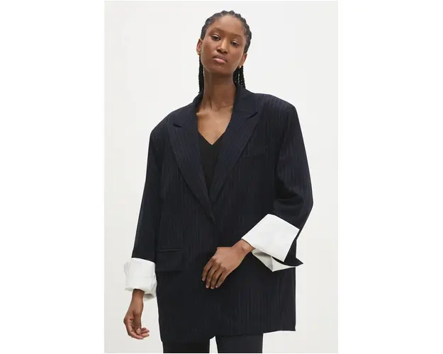 Answear Lab sacou culoarea albastru marin, un singur rand de nasturi, modelator