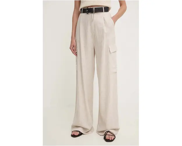 Answear Lab pantaloni din in culoarea bej, lat, high waist