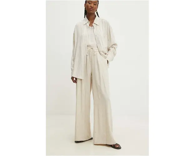 Answear Lab pantaloni din in culoarea bej, lat, high waist