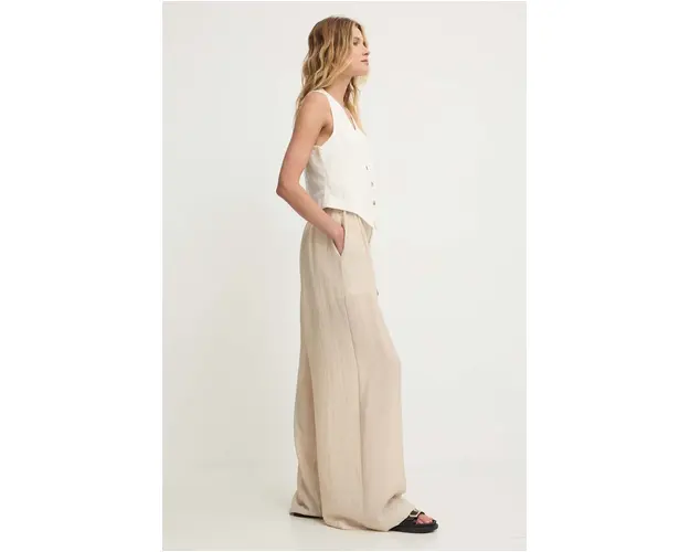 Answear Lab pantaloni din in culoarea bej, drept, high waist