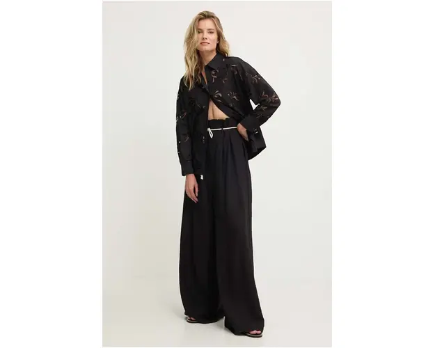 Answear Lab pantaloni din in culoarea negru, drept, high waist