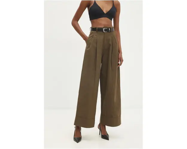 Answear Lab pantaloni de bumbac culoarea verde, lat, high waist