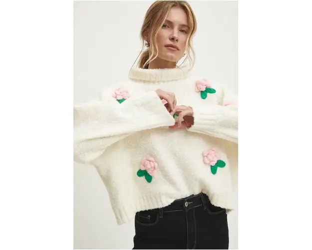 Answear Lab pulover din amestec de lana femei, culoarea bej, cu turtleneck