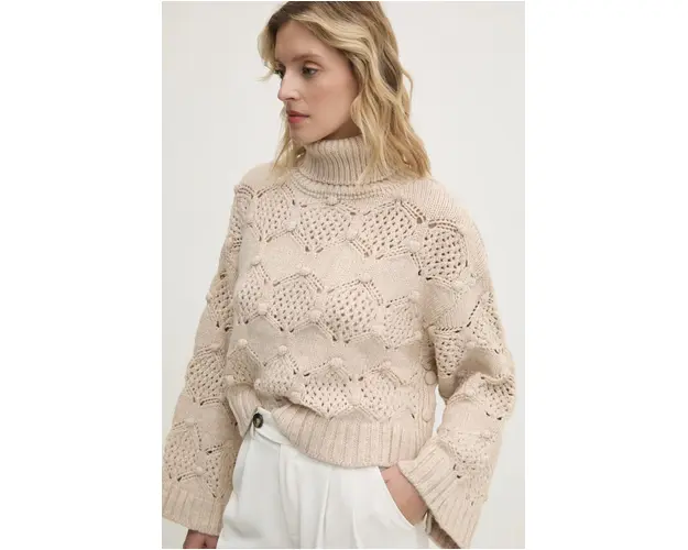 Answear Lab pulover femei, culoarea bej, calduros, cu guler