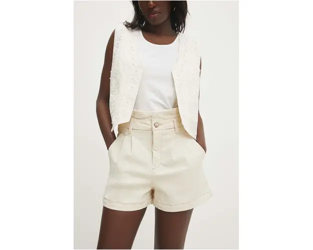 Answear Lab pantaloni scurti jeans femei, culoarea bej, neted, high waist