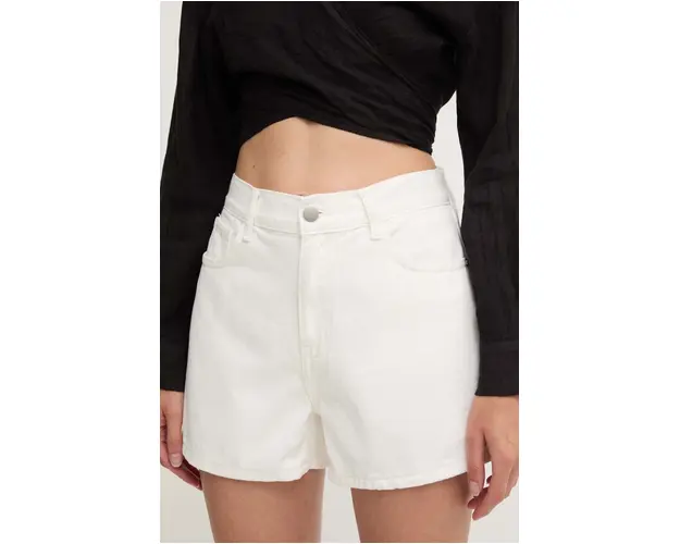 Answear Lab pantaloni scurti jeans femei, culoarea alb, neted, high waist