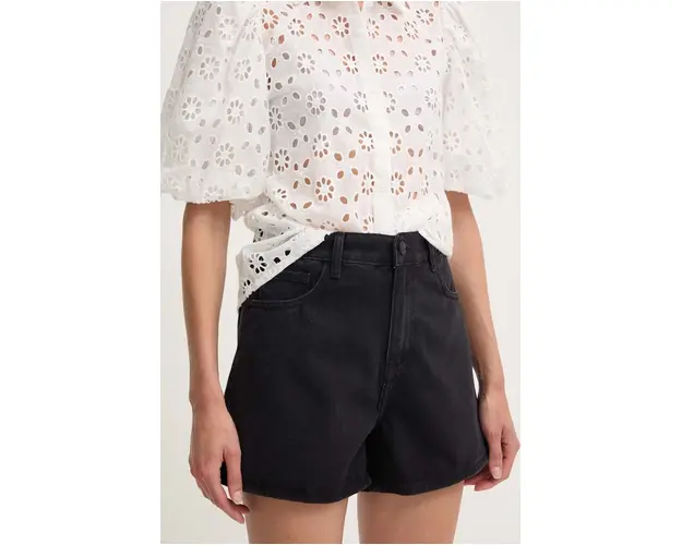 Answear Lab pantaloni scurti jeans femei, culoarea negru, neted, high waist