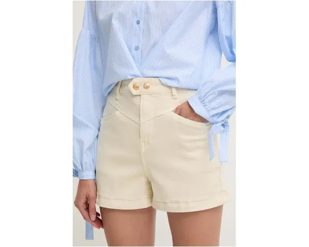 Answear Lab pantaloni scurti jeans femei, culoarea bej, neted, high waist