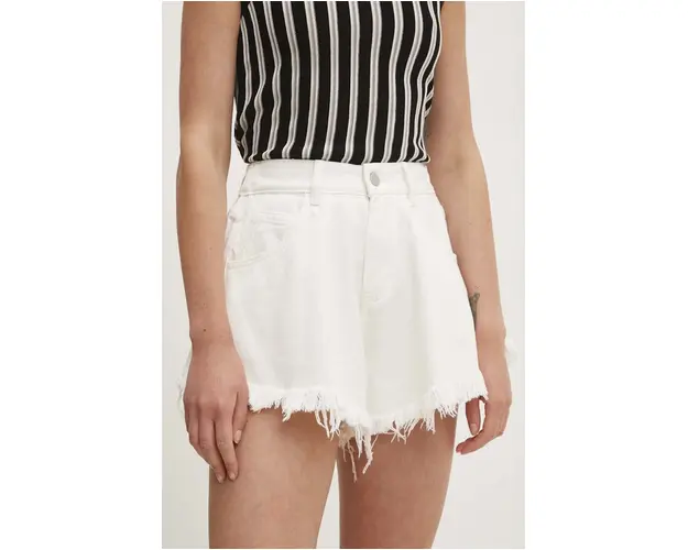 Answear Lab pantaloni scurti jeans femei, culoarea alb, neted, high waist
