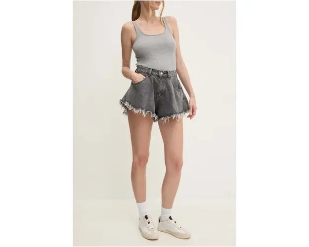 Answear Lab pantaloni scurti jeans femei, culoarea gri, neted, high waist