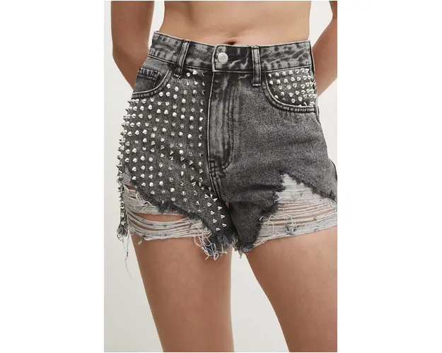 Answear Lab pantaloni scurti jeans femei, culoarea gri, cu imprimeu, high waist