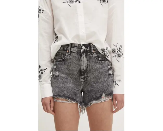 Answear Lab pantaloni scurti jeans femei, culoarea gri, neted, high waist