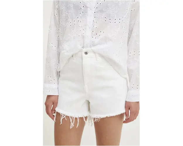 Answear Lab pantaloni scurti jeans femei, culoarea alb, neted, high waist